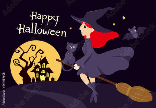 Halloween Night Background with Witch and Cute Black Cat