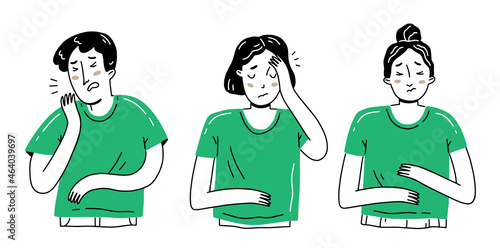 Simple doodle style set with sick people. The man is coughing, his head hurts, his stomach hurts. Vector illustration with characters.