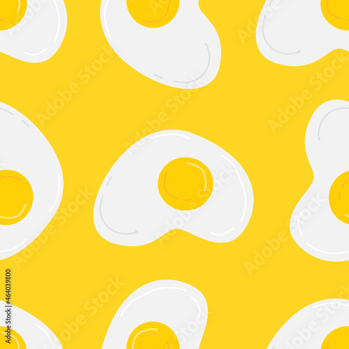 Cute pattern with scrambled eggs on yellow background in cartoon flat style. Vector illustration background.