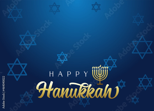 Happy Hanukkah lettering background with menorah and David stars. Vector illustration