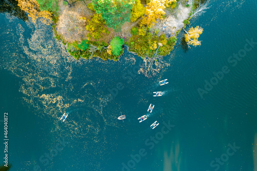 Fototapeta Naklejka Na Ścianę i Meble -  Aerial view of boat races on the autumn river
