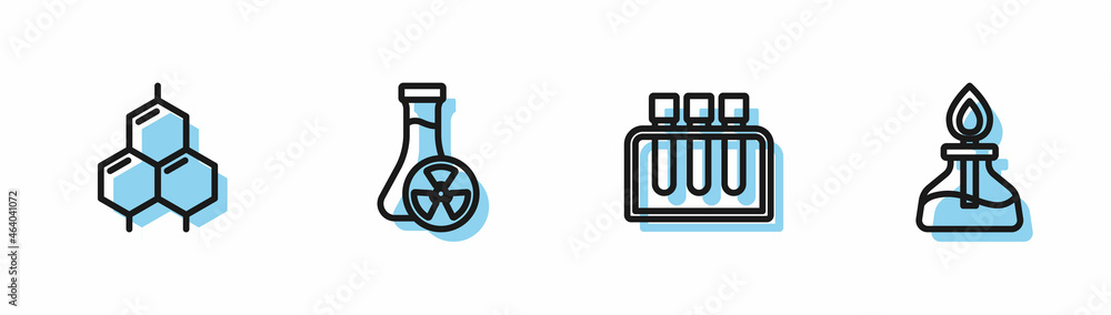 Set line Test tube, Chemical formula, with toxic liquid and Alcohol spirit burner icon. Vector Set line Test tube, Chemical formula, with toxic liquid and Alcohol spirit burner icon. Vector