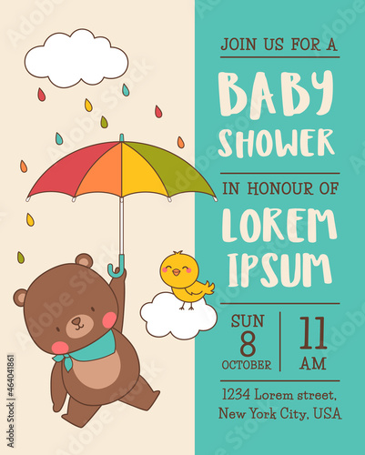 Cute bear holding umbrella and bird cartoon on the sky with raining background for baby shower girl invitation card template.