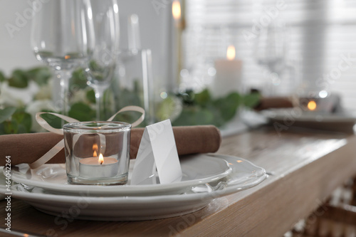 Festive table setting with beautiful tableware and decor, closeup