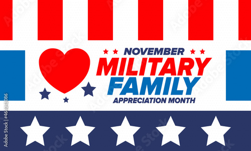 National Military Family Month in United States. Celebrate annual in November. Thank you for military family. Patriotic american elements. Poster, card, banner, background. Vector illustration