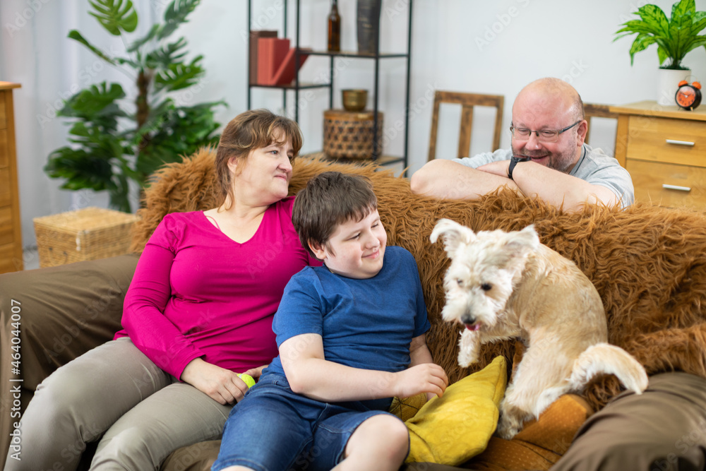 Wife and son are sitting on sofa and husband is playing with shaggy dog. Multiracial dog. Wife and son are sitting on sofa and husband is playing with shaggy dog. Multiracial dog.