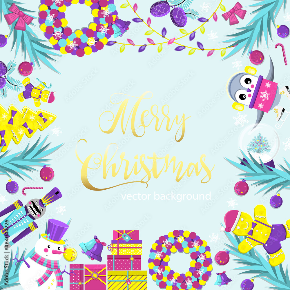 Square frame. Christmas card with New Year's attributes. Flat vector illustration. Square frame. Christmas card with New Year's attributes. Flat vector illustration.