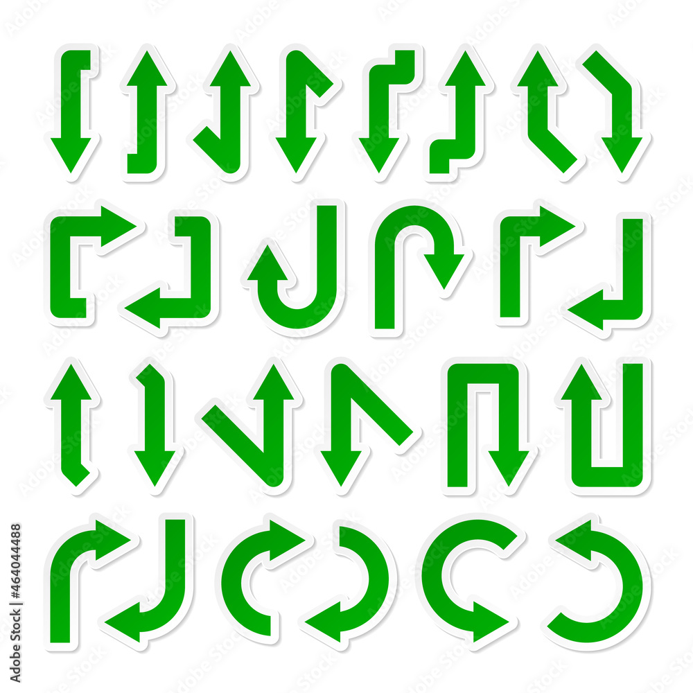 Colorful arrow stickers set. Green pointers collection. Simple arrows in different shapes. Direction signs. Vector illustration. Colorful arrow stickers set. Green pointers collection. Simple arrows in different shapes. Direction signs. Vector illustration.