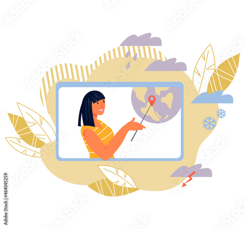 Online weather forecast banner with woman weather reporter  showing meteorology map on computer screen, flat vector illustration isolated on white background. Meteorologist leading weather report.