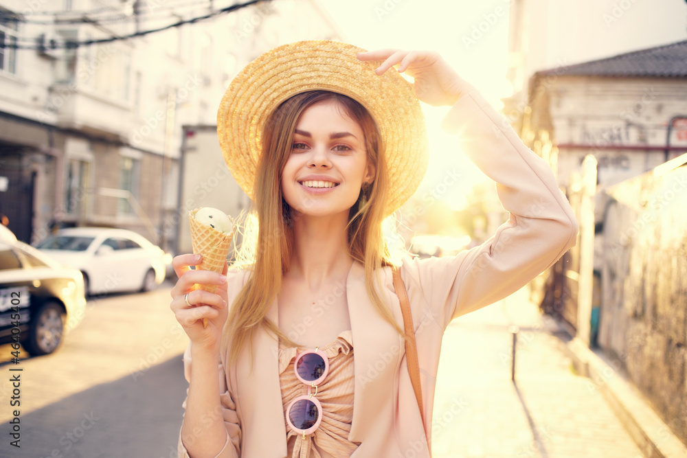 beautiful woman outdoor walk eat ice cream walk travel Lifestyle
