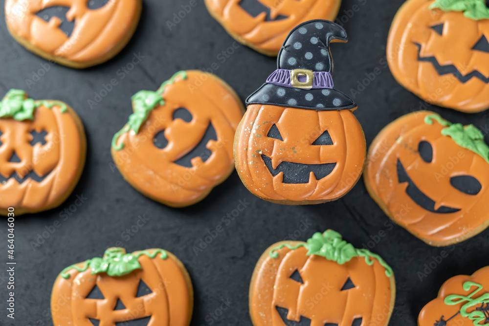Bright Halloween gingerbread cookies on a black background Bright Halloween gingerbread cookies on a black background