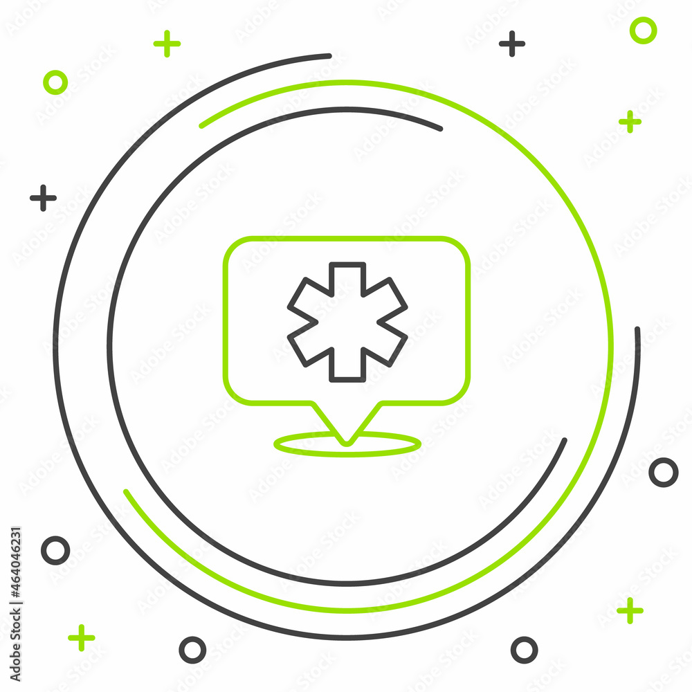 Line Medical map pointer with cross hospital icon isolated on white background. Colorful outline concept. Vector Line Medical map pointer with cross hospital icon isolated on white background. Colorful outline concept. Vector