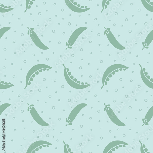 Seamless vector pattern with cartoon silhouettes of pods, light-green pods of pea and bean, closed and open, which are drawn in sketch style, simple background about vegetables.