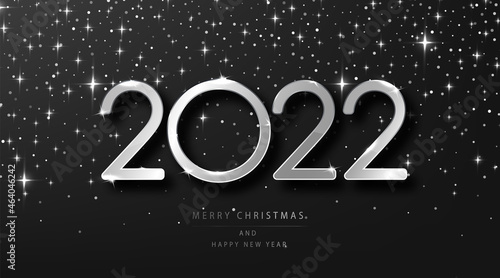 Silver 2022 Christmas and Happy New Year. Holiday vector illustration with silver metallic numbers 2022 and festive glitter black glittering background