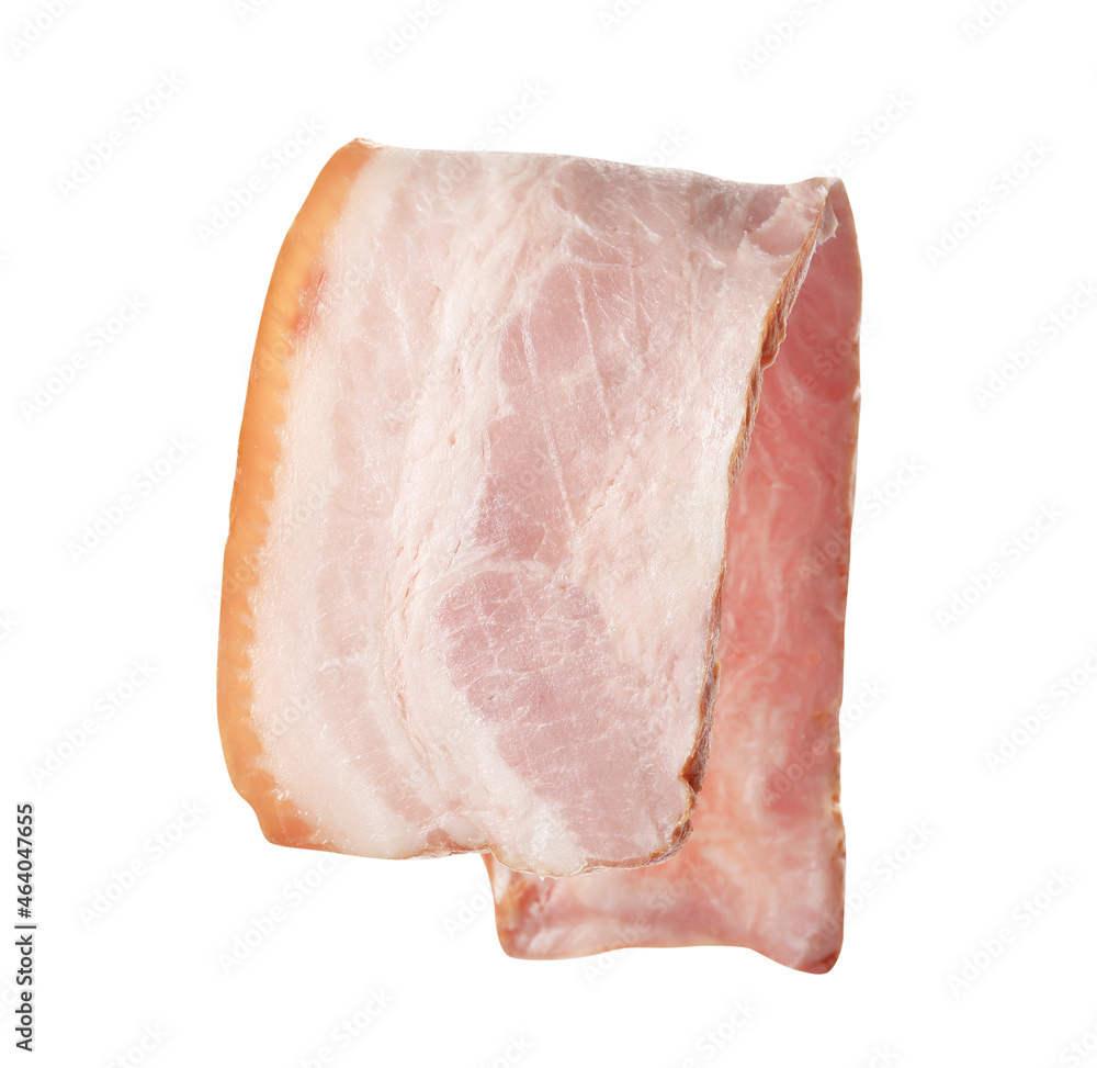 Slice of delicious smoked bacon isolated on white