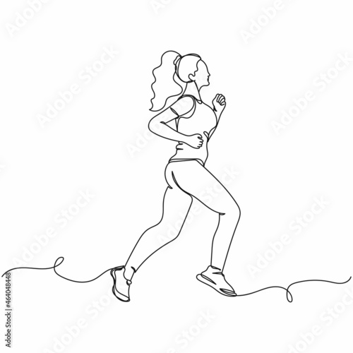 Vector continuous one single line drawing of woman runs sport concept in silhouette on a white background. Linear stylized.