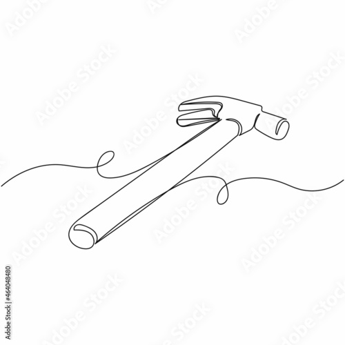 Vector continuous one single line drawing of hammer tool in silhouette on a white background. Linear stylized.