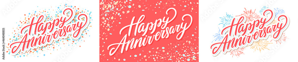 Happy anniversary. Vector lettering banners set.