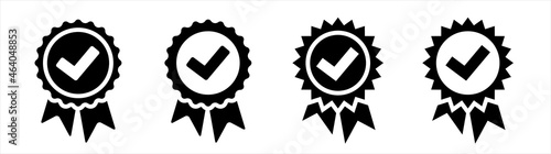 Approved or certified medal icon, Approval check symbol, Certified badge, Guarantee symbol.