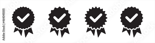 Approved or certified medal icon, Approval check symbol, Certified badge, Guarantee symbol.