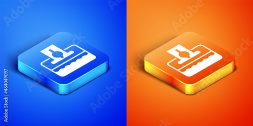 Isometric Donate or pay your zakat as muslim obligatory icon isolated on blue and orange background. Muslim charity or alms in ramadan kareem before eid al-fir. Square button. Vector