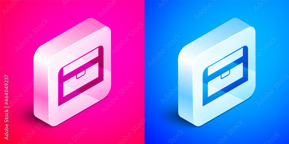 Isometric Antique treasure chest icon isolated on pink and blue background. Vintage wooden chest with golden coin. Silver square button. Vector Isometric Antique treasure chest icon isolated on pink and blue background. Vintage wooden chest with golden coin. Silver square button. Vector