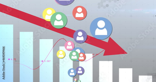 Image of social media people icons over line with financial data processing and red arrow descen photo