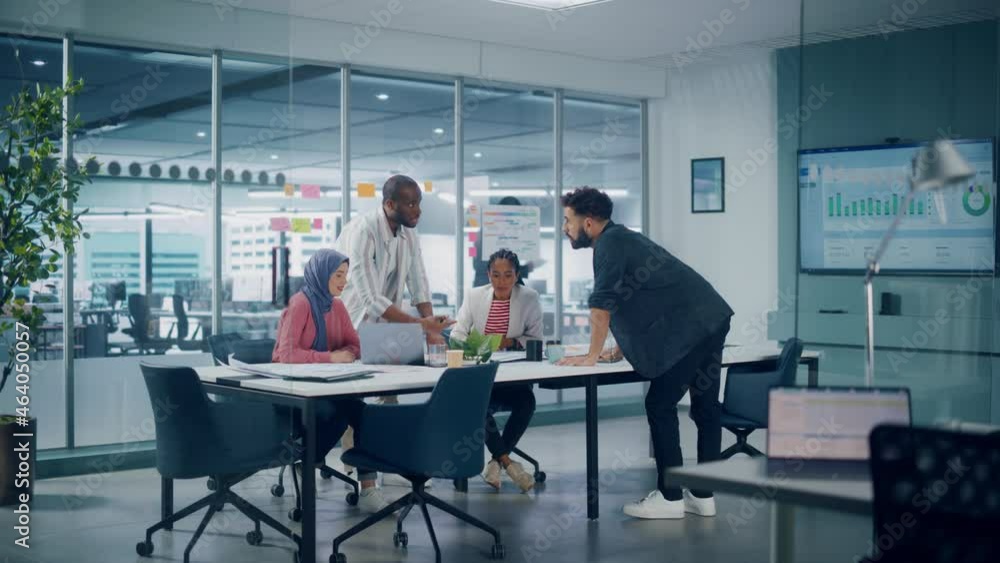 Multi-Ethnic Office Conference Room Meeting: Multicultural Team of Four Creative Entrepreneurs Talk, Discuss Growth Strategy. Diverse Young Businesspeople work on Digital e-Commerce Startup. Wide Shot Multi-Ethnic Office Conference Room Meeting: Multicultural Team of Four Creative Entrepreneurs Talk, Discuss Growth Strategy. Diverse Young Businesspeople work on Digital e-Commerce Startup. Wide Shot
