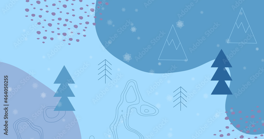 Image of trees and christmas patterns with snow falling