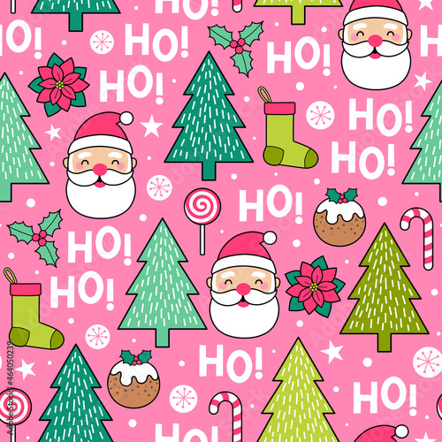 Cute santa claus, christmas elements and word "HO HO HO" seamless pattern background.