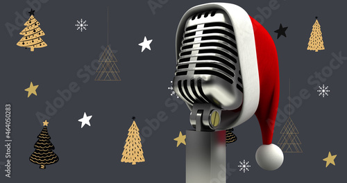 Image of santa hat on vintage microphone over christmas tree icons