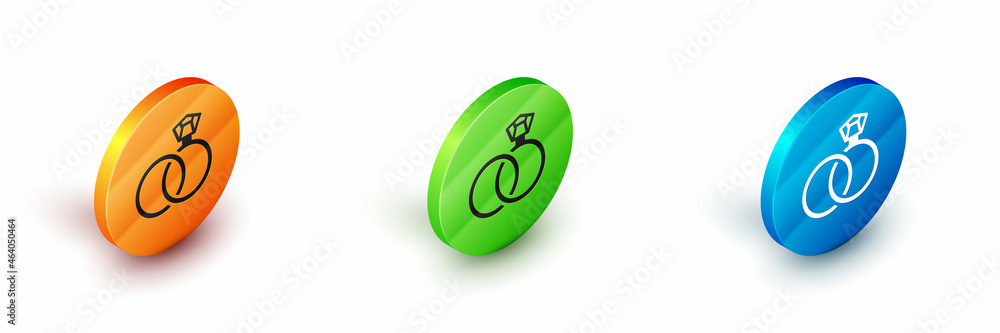 Isometric Wedding rings icon isolated on white background. Bride and groom jewelry sign. Marriage symbol. Diamond ring. Circle button. Vector Isometric Wedding rings icon isolated on white background. Bride and groom jewelry sign. Marriage symbol. Diamond ring. Circle button. Vector