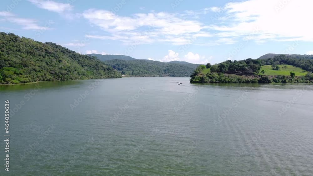 Drone shot of boats, islands and blue lake in the peruvian Amazonas jungle. Tarapoto, Perú. Drone shot of boats, islands and blue lake in the peruvian Amazonas jungle. Tarapoto, Perú.