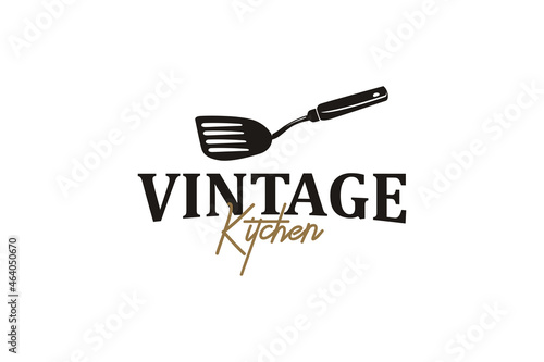 Vintage retro rustic Spatula Cast Iron for traditional food dish cuisine classic kitchen restaurant  logo  design minimalist icon