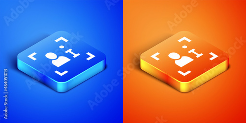 Isometric Television report icon isolated on blue and orange background. TV news. Square button. Vector