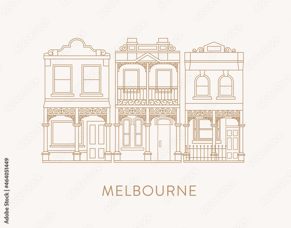 Set of three late Victorian historic buildings in Melbourne, line art style