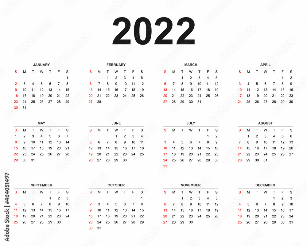 2022 Calendar template, set of 12 months, week start from Sunday, abstract concept modern calendar layout for website, business and social media, vector illustration. 2022 Calendar template, set of 12 months, week start from Sunday, abstract concept modern calendar layout for website, business and social media, vector illustration.