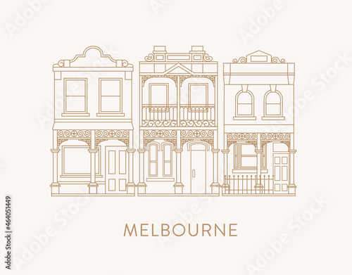 Set of three late Victorian historic buildings in Melbourne, line art style