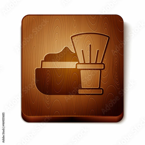 Brown Shaving brush with foam icon isolated on white background. Barbershop symbol. Wooden square button. Vector
