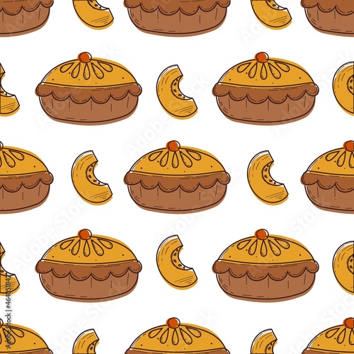 Autumn seamless pumpkin pie pattern in the style of doodles. Cartoon vector illustration 