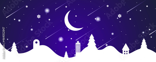 Landscape with snow-filled areas.3d abstract pastel paper cut illustration of winter landscape with cloud,pines and mountains.Happy New Year and Merry Christmas background.Bright moon. moon background