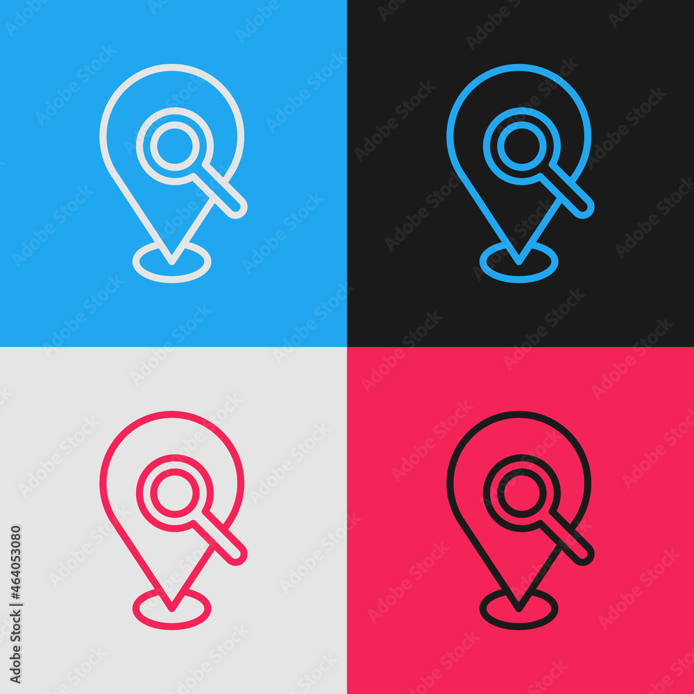 Pop art line Search location icon isolated on color background. Magnifying glass with pointer sign. Vector Pop art line Search location icon isolated on color background. Magnifying glass with pointer sign. Vector
