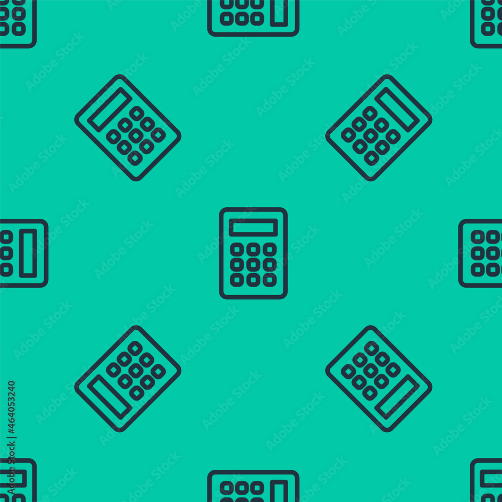 Blue line Calculator icon isolated seamless pattern on green background. Accounting symbol. Business calculations mathematics education and finance. Vector Blue line Calculator icon isolated seamless pattern on green background. Accounting symbol. Business calculations mathematics education and finance. Vector
