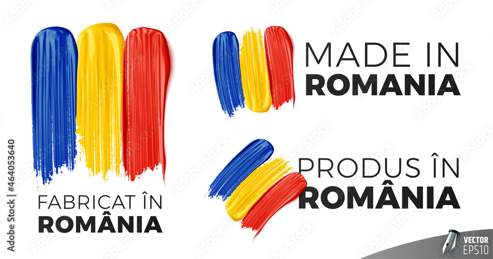 Vector logos on a white background : "Made in Romania", "Fabricat în România", "Produs în România" - obrazy, fototapety, plakaty 