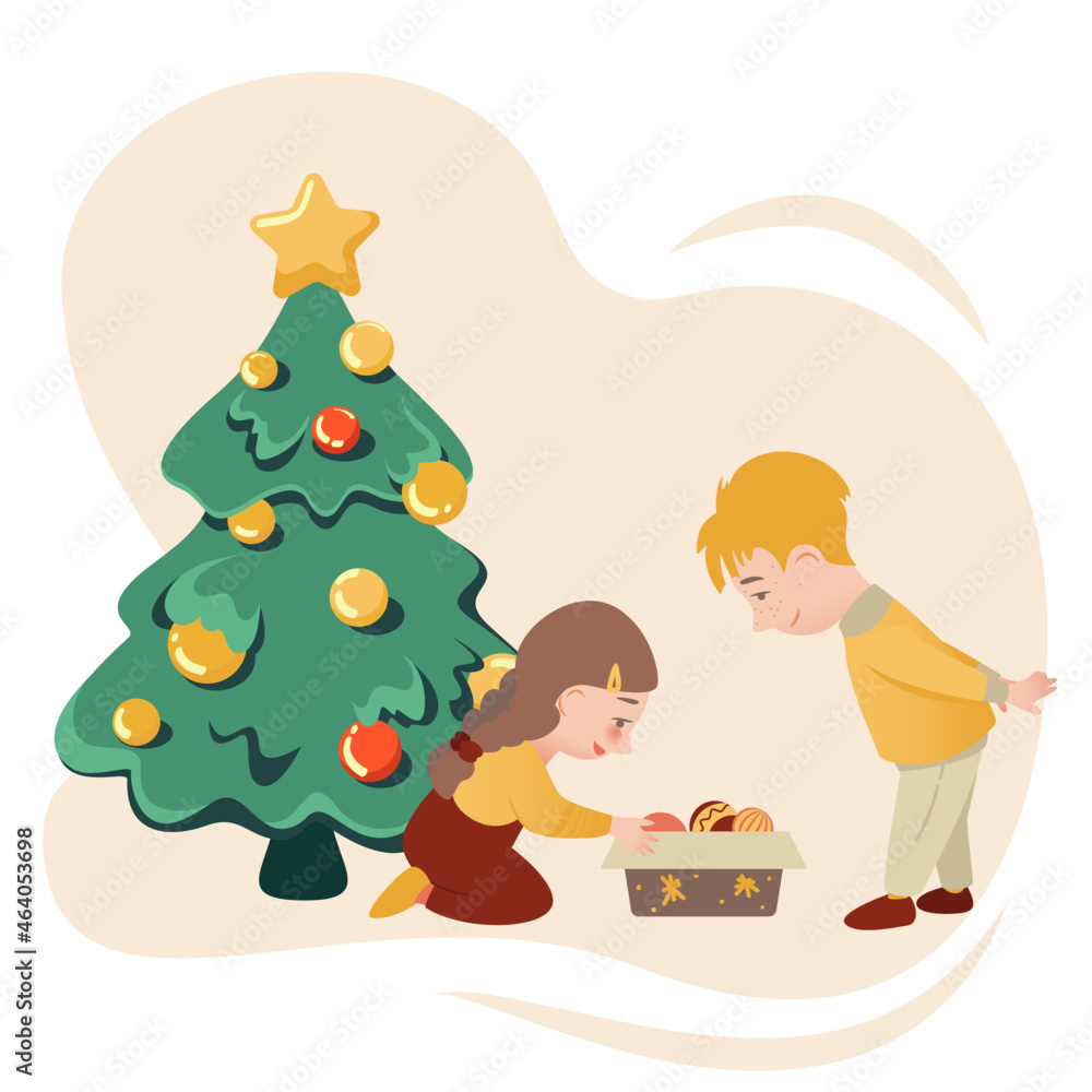 Obraz premium Boy and Girl decorate Christmas Tree. Holiday Card full of love, friendship and winter magic. Vector illustration.