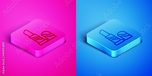 Isometric line Lipstick icon isolated on pink and blue background. 8 March. International Happy Women Day. Square button. Vector