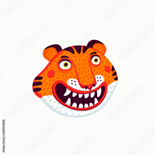 Tiger vector head, cartoon tiger funny face on white background. Organic flat...
