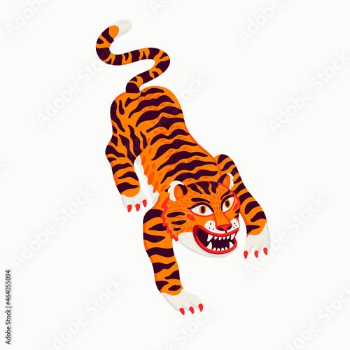 Tiger vector illustration, cartoon tiger prowling on white background. Organic flat style vector illustration © mspoint