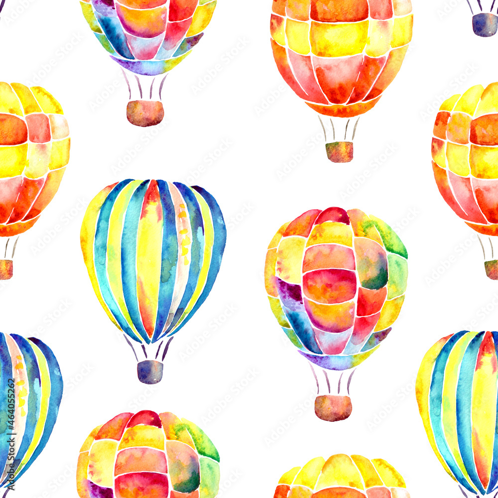 Seamless pattern with vibrant watercolor aerostats on white background. Hand painted.