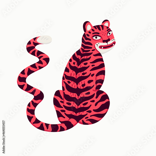 Tiger vector illustration, cartoon pink tiger sitting on white background. Or...